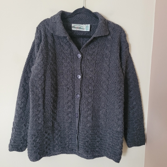 Vintage Aran Merino Wool Cable Knit Fisherman Cardigan Grey - Picture 1 of 8